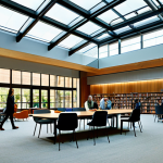 **

"A modern library interior, bathed in natural light from large windows, showcasing an atrium and open floor plan encouraging collaboration, people reading and working at tables, fully clothed, appropriate attire, safe for work, perfect anatomy, correct proportions, natural pose, high quality, professional photography, well-formed hands, proper finger count, natural body proportions, family-friendly."

**