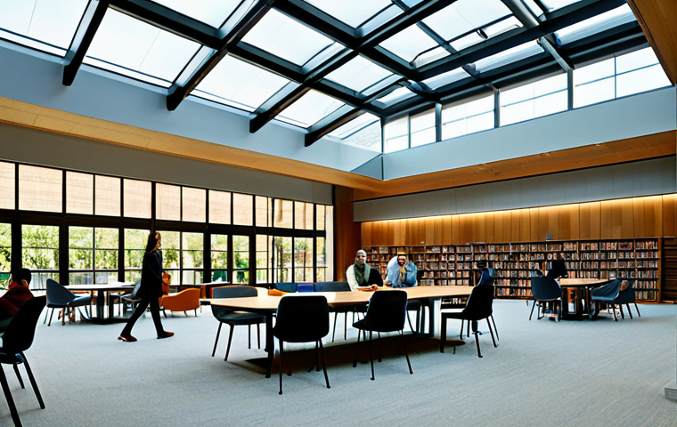 **

"A modern library interior, bathed in natural light from large windows, showcasing an atrium and open floor plan encouraging collaboration, people reading and working at tables, fully clothed, appropriate attire, safe for work, perfect anatomy, correct proportions, natural pose, high quality, professional photography, well-formed hands, proper finger count, natural body proportions, family-friendly."

**