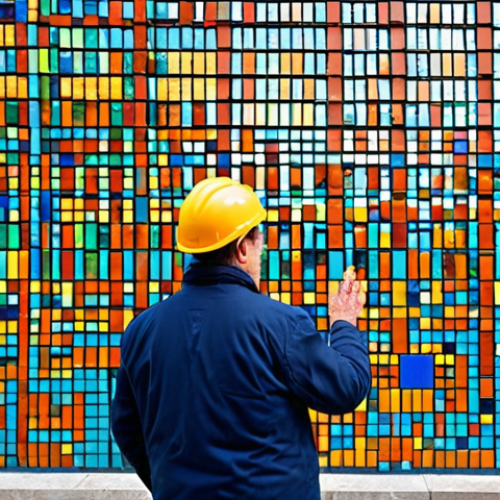 Artistic Transformation**

"An architect fully clothed, inspecting a building facade constructed from colorful recycled materials like brick fragments and glass tiles, creating a mosaic-like pattern. Daytime, urban setting, professional photograph, perfect anatomy, correct proportions, well-formed hands, proper finger count, natural body proportions, safe for work, appropriate content, fully clothed, professional, modest."

**