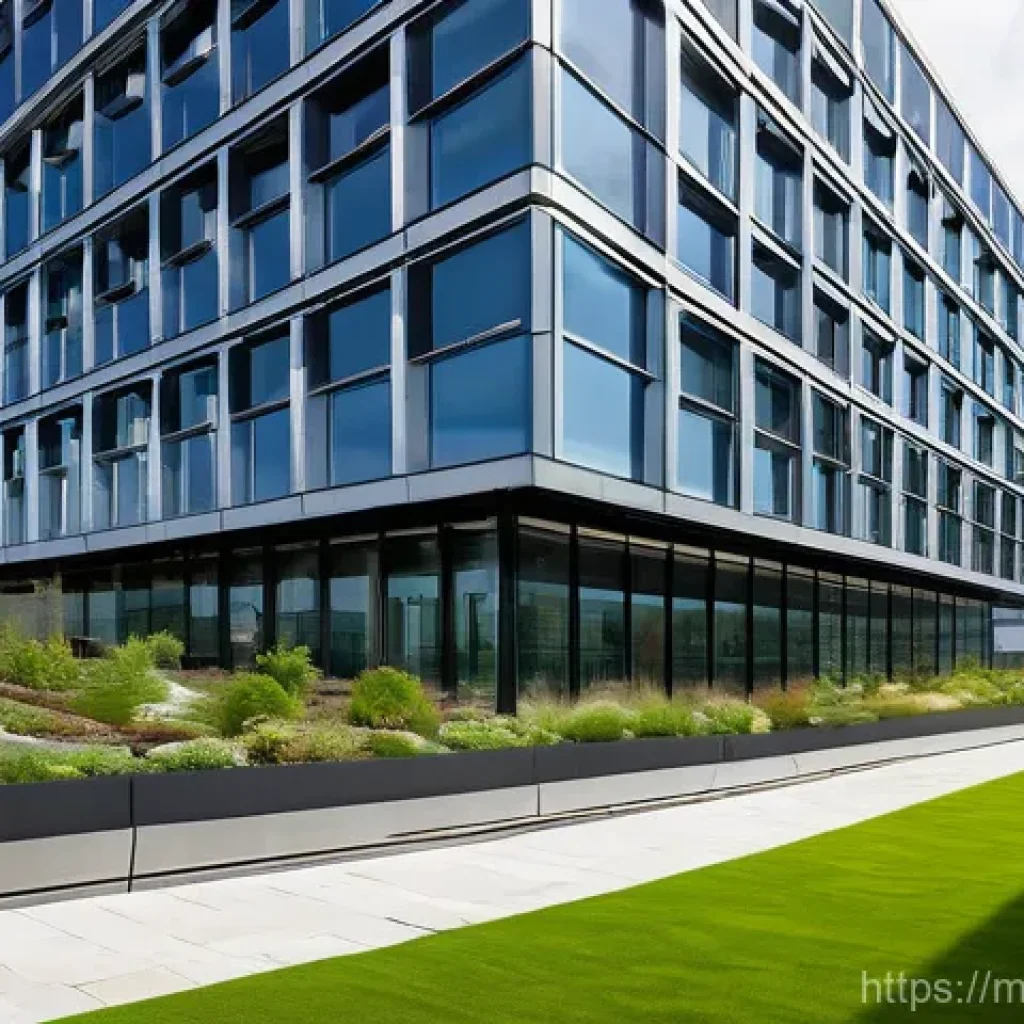 현대건축물 에너지 효율 건축 - A breathtaking, ultra-modern zero-energy building (ZEB) exterior in a bustling urban environment. Th...