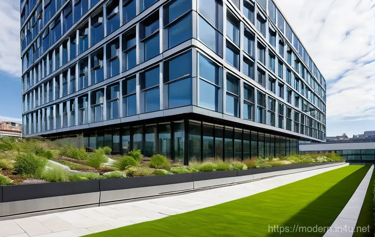 현대건축물 에너지 효율 건축 - A breathtaking, ultra-modern zero-energy building (ZEB) exterior in a bustling urban environment. Th...