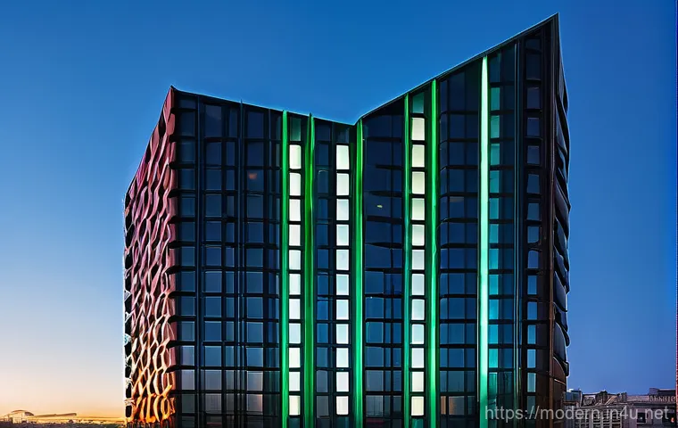 현대건축물 호텔 건축 설계 - An innovative, eco-friendly hotel in a vibrant urban setting, characterized by extensive vertical ga...