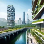 현대건축물 복합용도 개발 사례 - **A vibrant, futuristic mixed-use vertical city, inspired by the Yongsan International Business Dist...