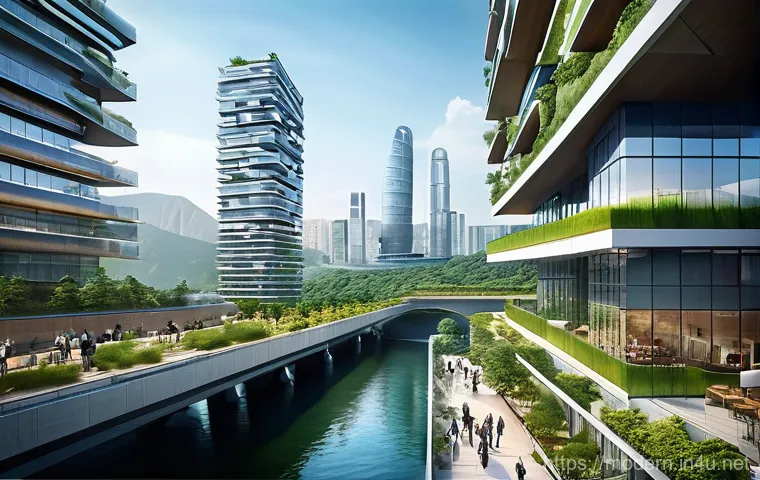 현대건축물 복합용도 개발 사례 - **A vibrant, futuristic mixed-use vertical city, inspired by the Yongsan International Business Dist...