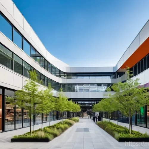 현대건축물 상업 공간 건축 - A grand, modern architectural marvel in a bustling city, featuring a unique, sweeping arch design th...