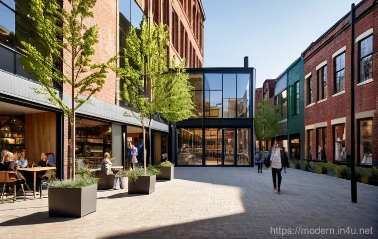 현대건축물 상업 공간 건축 - A cutting-edge, eco-friendly skyscraper seamlessly integrated with nature, featuring lush vertical g...