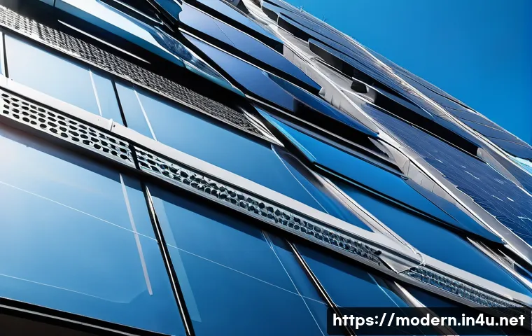 현대건축물 신재생에너지 활용 - A futuristic urban building featuring sleek, integrated BIPV (Building Integrated Photovoltaics) sol...