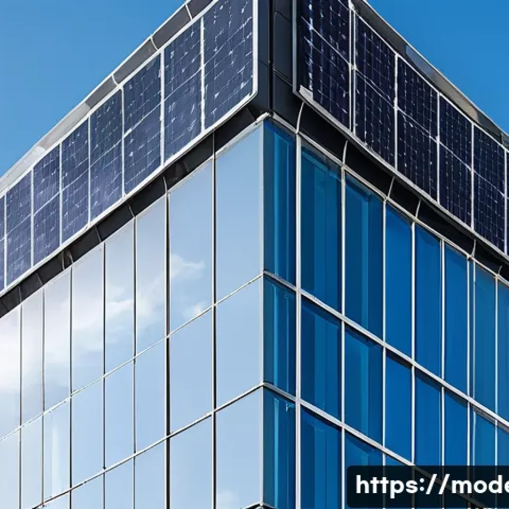 현대건축물 태양광 패널 적용 - A modern high-rise building featuring integrated photovoltaic solar panels seamlessly embedded into ...