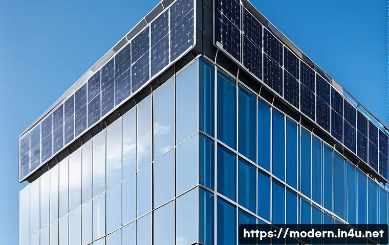 현대건축물 태양광 패널 적용 - A modern high-rise building featuring integrated photovoltaic solar panels seamlessly embedded into ...