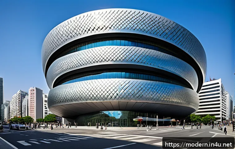 현대건축물 파라메트릭 디자인 적용 - A futuristic architectural landmark featuring the Dongdaemun Design Plaza (DDP) with sleek, flowing ...