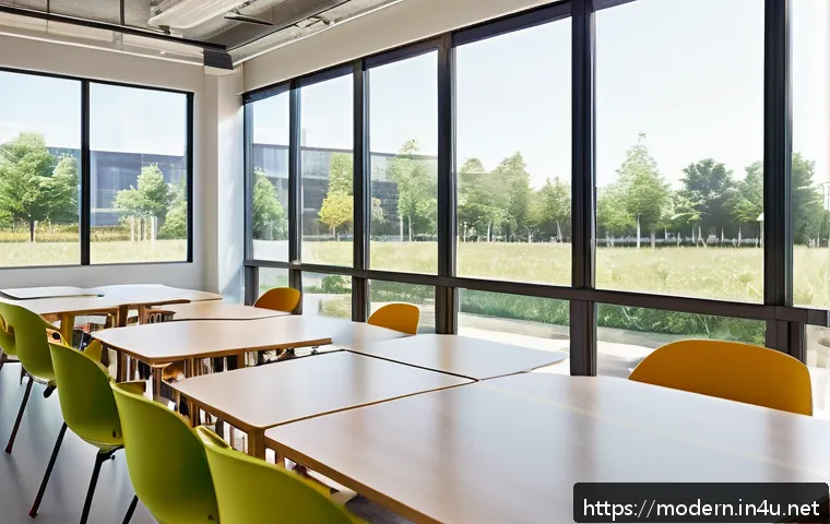 현대건축물 교육시설 건축 디자인 - A modern educational learning space featuring flexible, modular furniture and movable partitions, st...