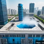 Home 23 현대건축물 친환경 도료 적용 - A futuristic high-rise building exterior being painted by an advanced unmanned robotic arm equipped ...