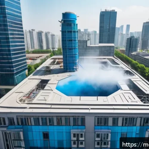 Home 17 현대건축물 친환경 도료 적용 - A futuristic high-rise building exterior being painted by an advanced unmanned robotic arm equipped ...