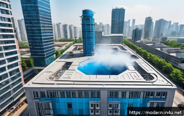 현대건축물 친환경 도료 적용 - A futuristic high-rise building exterior being painted by an advanced unmanned robotic arm equipped ...