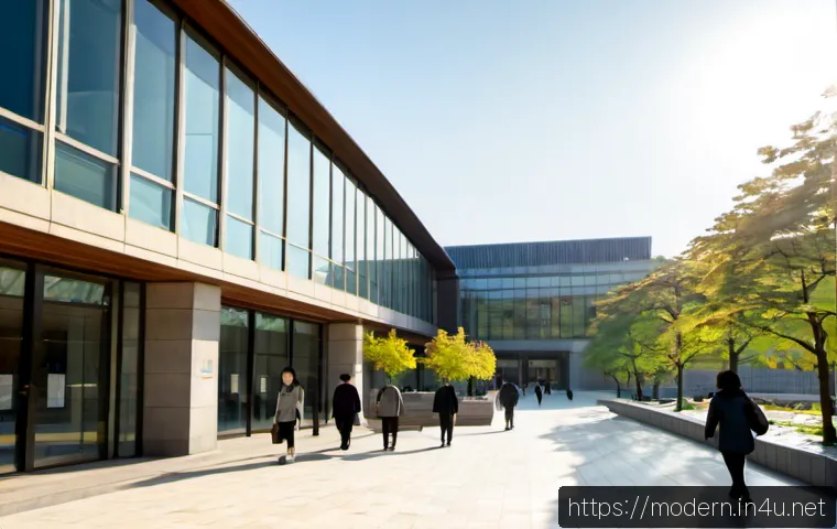Home 17 현대건축물 공공 건축 디자인 - Photorealistic contemporary public library architecture, sweeping glass facade and warm pale stone w...