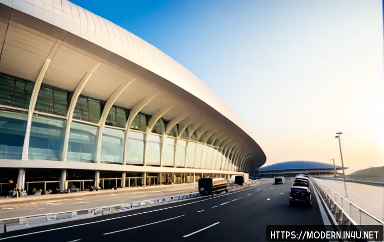 현대건축물 공항 건축 설계 - Photorealistic exterior of a landmark contemporary airport terminal, sweeping curved roof, vast glas...